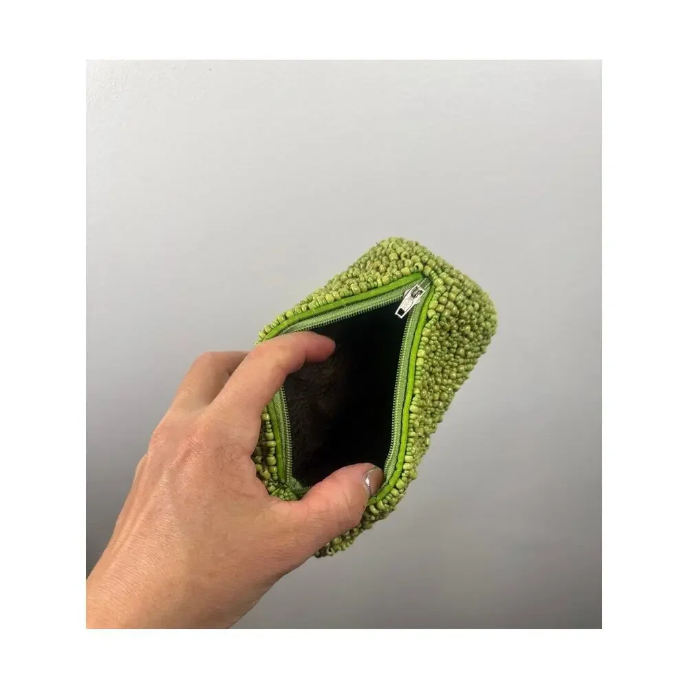Vintage Handmade Retro Y2K Green Seed Bead Wristlet Clutch - OS